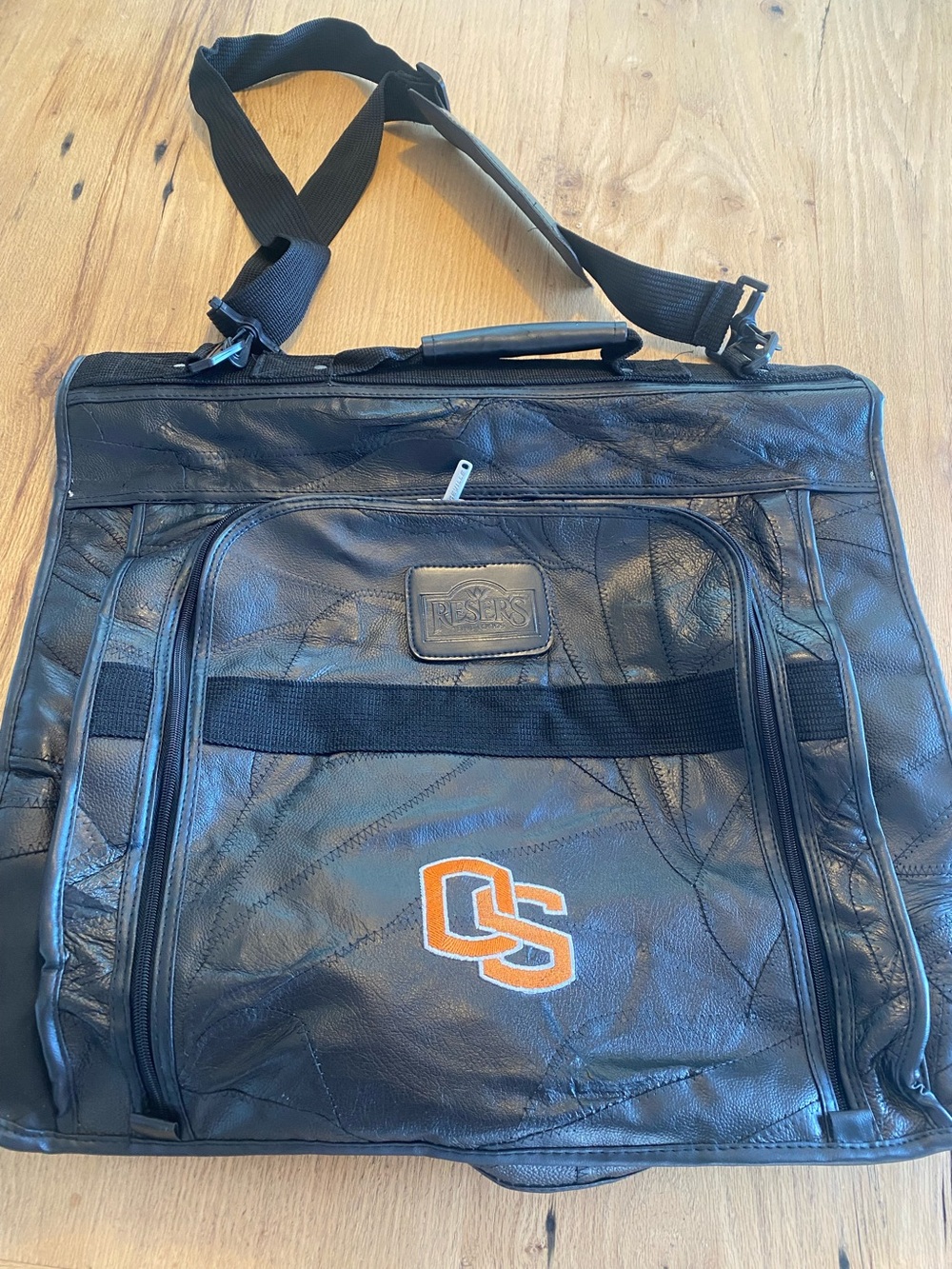 Black Leather Men's Garment Bag with Orange OSU Embroidery